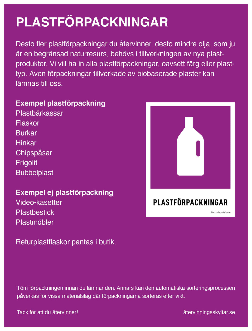 Informationsskylt Plastförpackningar